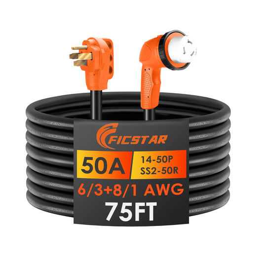 50 Amp RV Extension Cord 75 ft, Heavy Duty 6/3+8/1 SJTW AWG RV Power Cord with Grip Handle Twist Lock, NEMA 14-50P to SS2-50R with LED Indicator