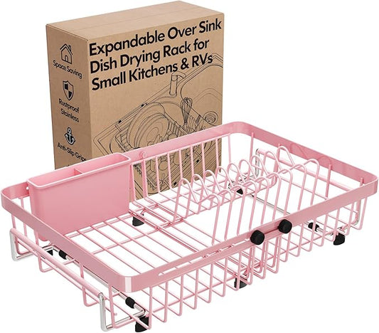 MAJALiS Pink Dish Drying Rack Over The Sink, Expandable Stainless Steel Dish Drainer for Small Kitchen Counter Space Saving, RV Compact Plate Strainer in Metal with Hanging Adjustable Utensil Holder