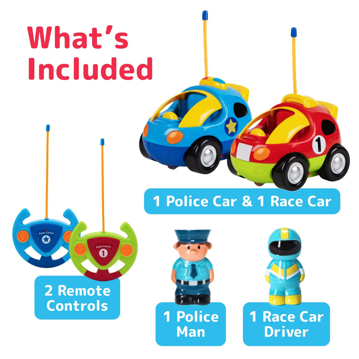 PREXTEX 2 Pack Cartoon Remote Control Cars for Toddlers - Police Car and Race Car with Steering Wheel Controllers and Lights - Different Frequencies Racing Together - Easter Toddler Gift 18+ Months