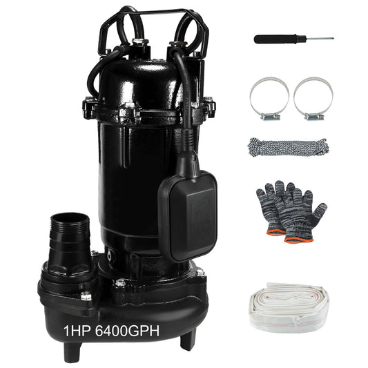 1HP Sewage Grinder Sump Pump, 110V 6400GPH Cast Iron Submersible Effluen Pumps with Auto Float Switch and Adapter for Basement, Sump Basin, Residential Sewage, 2" NPT Discharge