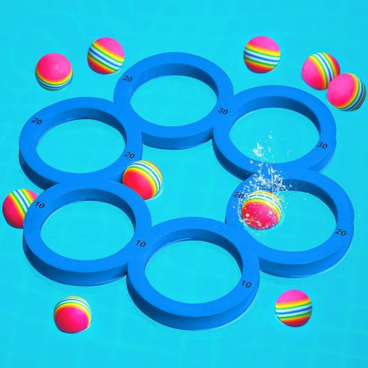 Hiboom Pool Game with Score, Combo Foam Pool Floats with 10 Colorful Tossing Balls, Toss Game Swimming Party Toys Accessories for Family Par, Dive Rings (Round,Blue)