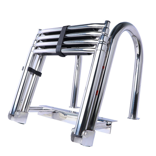 4 Step Pontoon Boat Ladder, 316 Stainless Steel Folding Telescoping Ladder Rear Entry Inboard Ladders All Welded Reinforce Heavy Duty Max.Load 600 Pound with Wide Steps & Safe Handrails