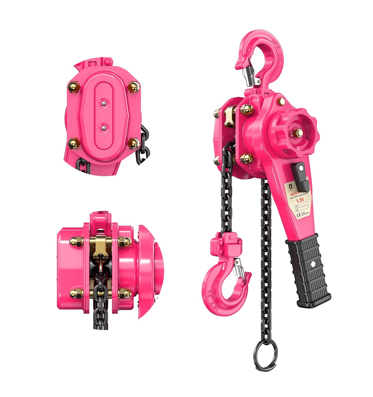 HUGOASIS 1-1/2 Ton 3300lbs Lever Chain Hoist Capacity 10ft,Chain Come Along with Dual Brake System, G80 Manganese Steel Chain, 2 Heavy Duty Hooks for Garages Warehouse Automotive Machinery – Pink