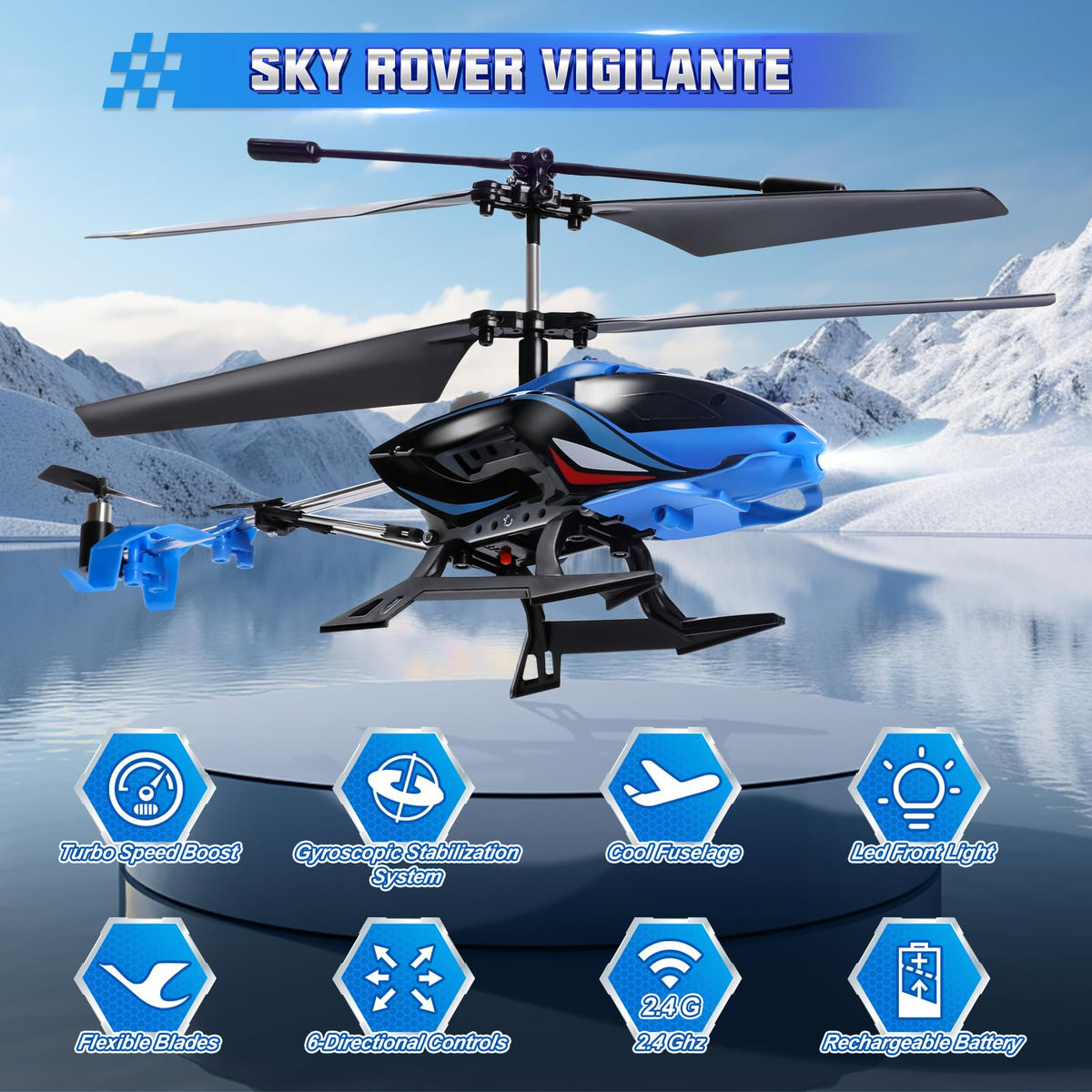 A ALPHA RC Helicopter, 2.4G Remote Control Helicopter with LED Lights, Vigilante, Indoor Outdoor Remote Control Helicóptero Toy for 8 9 10 11 12+ Year Old Boys Gifts, Blue