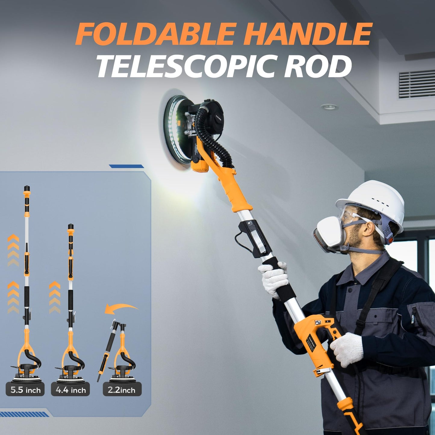 MAKELIFT Drywall Sander with Vacuum Dust Collector, 880W 7.33A Popcorn Ceiling Removal Tool, LED Light, 5 Variable Speed 1000-2100RPM, Foldable & Extendable Handle, 12 Sanding Discs