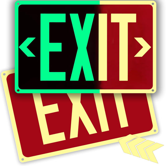 2Pack Photoluminescent Exit Sign Aluminum - 14x10 Inches Glow In Dark Exit Sign with Adhesive Backing - Removable Arrows Included - Non Electrical Red Exit Light For 50 Feet Visibility