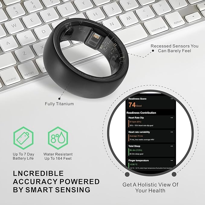 Smart Ring, Activity Trackers, Sleep Ring, Fitness Tracking, Stress Tracker, Heart Rate, Meditation, Temperature, Respiratory, No App Subscription, Women, Men, iOS, Android (Black, 11)