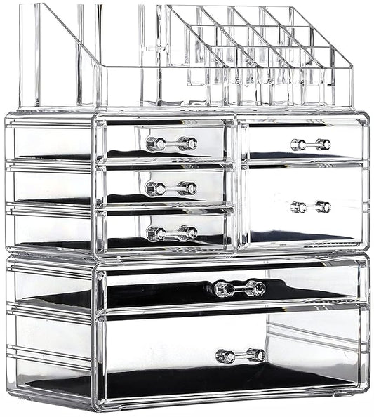 Cq acrylic 3 Pack Clear Skincare Organizer for Vanity, Stackable 7 Drawers Make Up Organizer,Cute Cosmetic Organizer for Vanity Jewelry,Hair Clip,Beauty,Skincare Product Dresser Acrylic Desk Organizer
