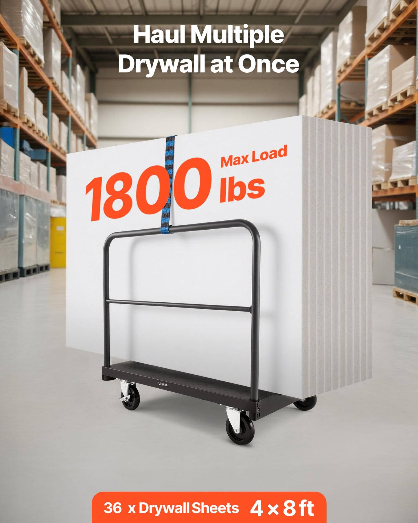 VEVOR Drywall Cart Dolly, 1800 lbs Load Capacity, 2-in-1 Steel Panel Truck Cart with 5 inch Swivel Casters, 36 x 24 inch Platform Truck with 4 Side Handrails for Factory, Warehouse, Garage, Black
