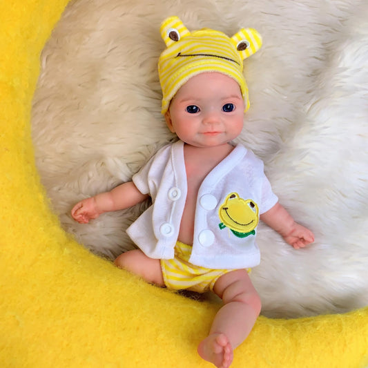 Yokyyi Lifelike Full Body Silicone Reborn Baby Dolls Girl - 11Inch Realistic Full Silicone Body Baby Doll with Big Eyes Yellow Frog Set for 3+ Years Old