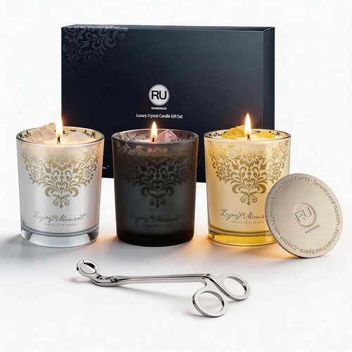 Luxury Soy Candle Gift Set - 3 Pack 7oz Crystal Glass Aromatherapy Candles | 120H Burn Time, Wick Trimmer & Snuffer Lid
