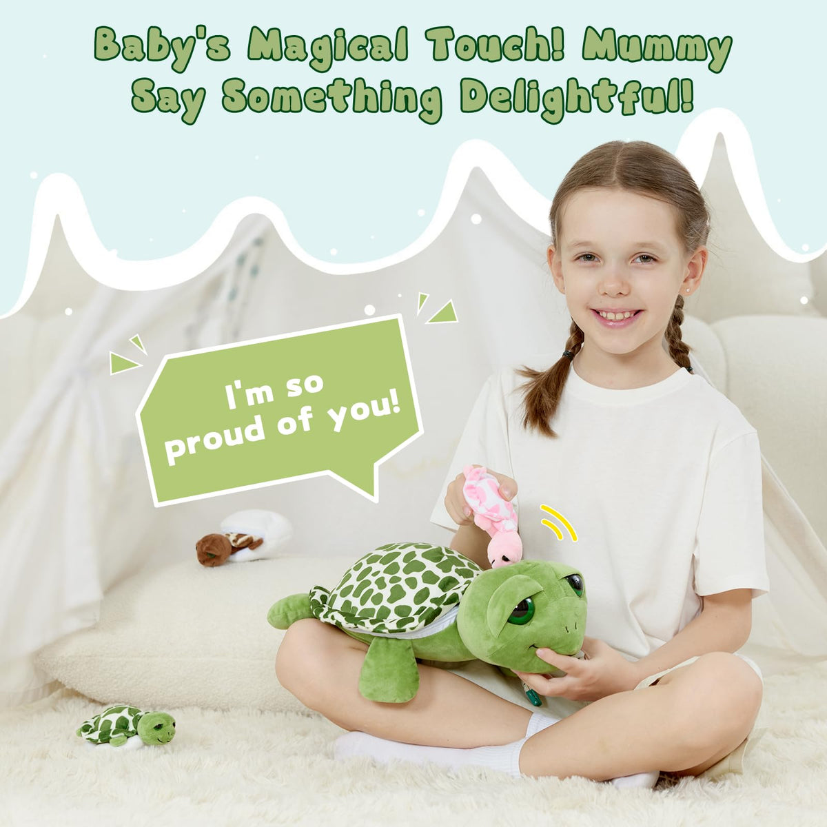 Karister 6Pcs Sound Turtle Plush Toy, 14" Talking Mother Turtle Stuffed Animal with 3 Baby Tortoise & 2 Eggs, Stuffed Educational Sea Creature for Kids, Ocean Plushies Gift for Birthday Christmas
