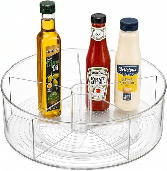 Divided Lazy Susan Turntable Organizer, 11.5" Clear Round Plastic Lazy Susan Turntable, Rotating Storage Container Tray for Pantry, Fridge and Kitchen
