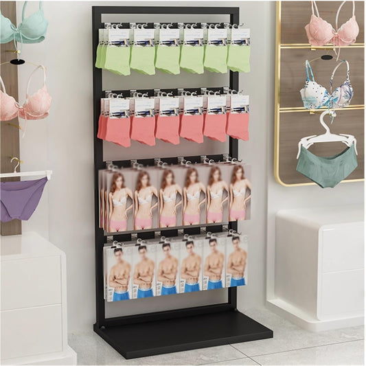 53in Underwear Display Stands, Metals, Freestanding Clothing Store Boutiques Retail Lingerie Garment Rack, Commercial Shelves, for Socks Bra Panties Scarves, 4 Layer(Black)