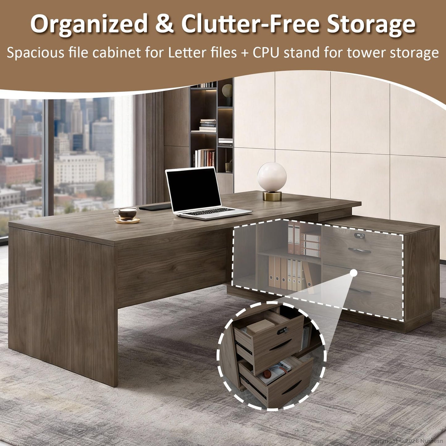 ZIMASYA 63" L Shaped Executive Desk with Locking Drawers - Modern Commercial Grade Business Office Furniture - Heavy Duty Wood Computer Workstation with Full Privacy Panel (Black Walnut)
