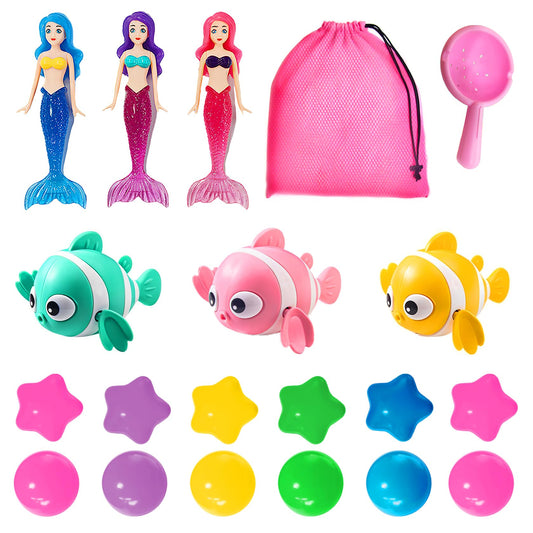 Baby Bath Toys for Kids - 20 PCS Little Mermaid Dolls, Wind Up Swimming Fish, Balls, Scoop and Storage Bag. Mold-Free Toddler Water Toys for Bathtub and Pool Diving, Gift for Girls Ages 1-3, 4-8