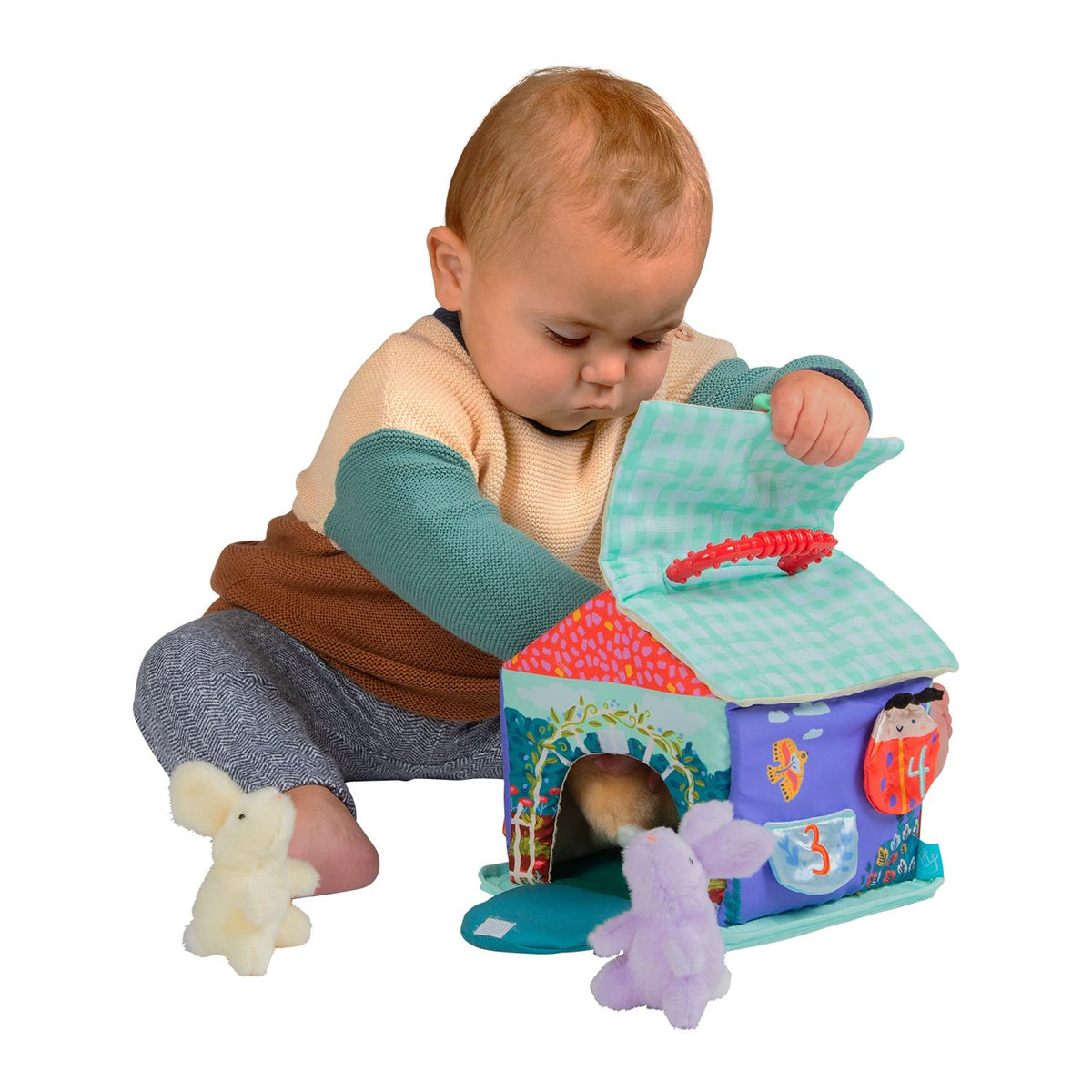Manhattan Toy Cottontail Cottage Fill and Spill Baby and Toddler Sensory Activity Toy with 3 Stuffed Animal Bunny Rattles