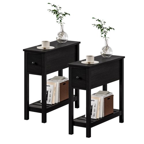 ChooChoo Narrow End Table, Small Side Table for Small Spaces, Slim End Table with Drawer, Narrow Nightstand Bedside Table for Living Room Bedroom, Black, 2 Pack
