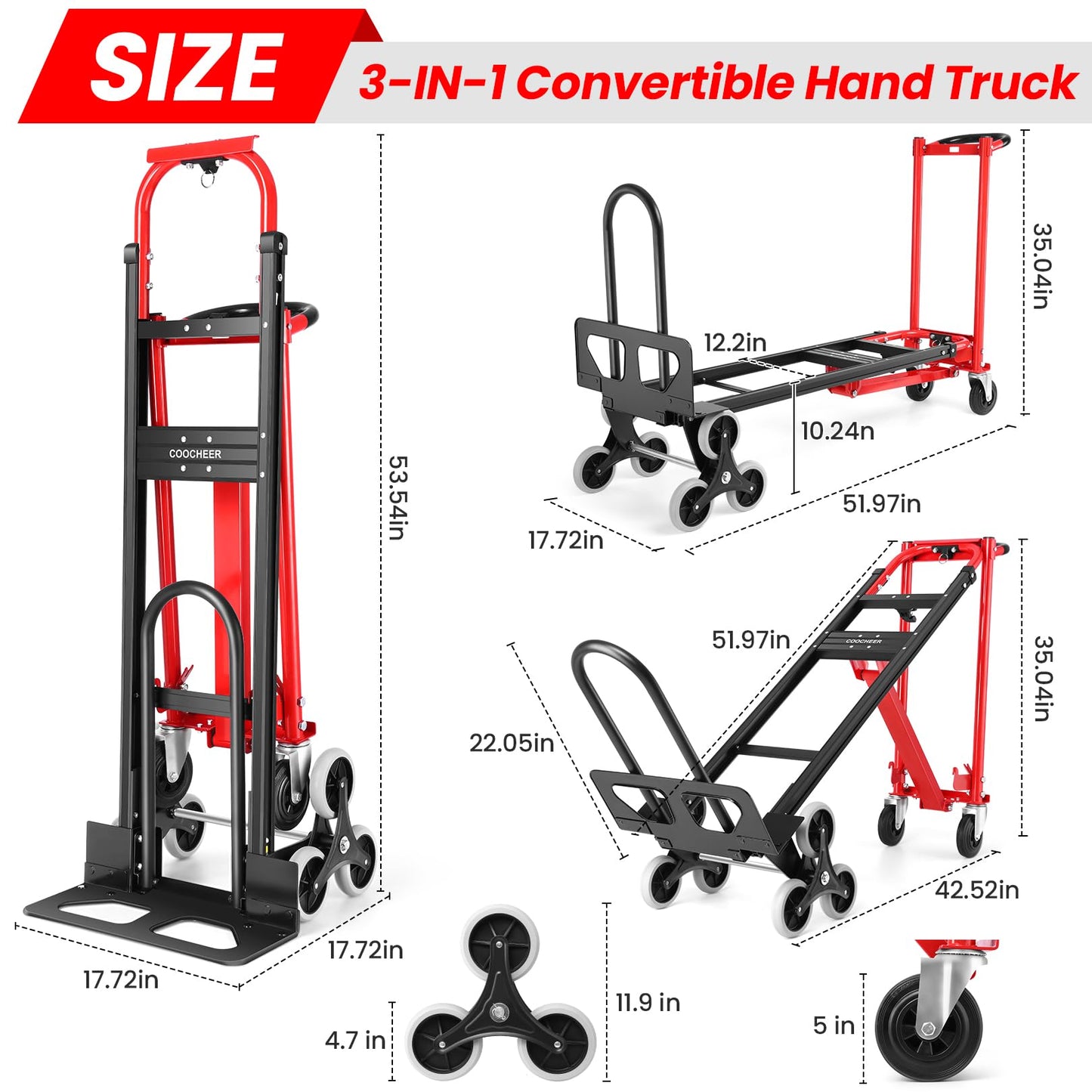 Heavy Duty 1000LBS Stair Climbing Dolly, 3 in 1 Convertible Hand Truck, Folding Hand Truck Dolly Cart with Solid Wheels for Moving/Travel/Office (Red)