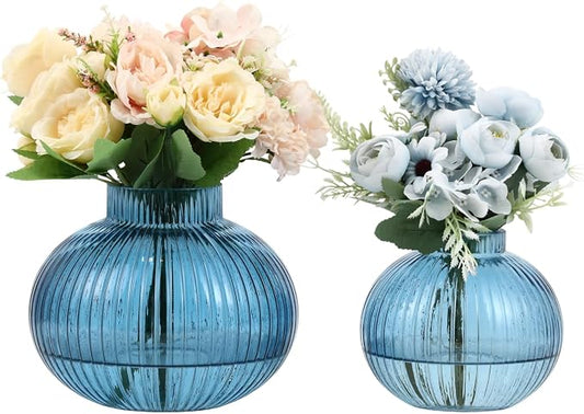 Blue Glass Vases for Tulips, Set of 2, Flower Vases for Bouquet, Ribbed Glass Vase for Flowers, Short Vase for Living Room, Office, Coffee Table, Shelf, Wedding