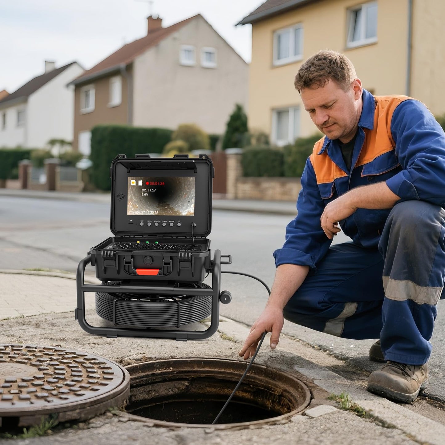 Sanyipace Sewer Camera with 512Hz Transmitter,10" Plumbing Camera with Distance Counter, IP68 Camera with 12 Adjustable LEDs,32GB DVR for Sewer Line,Home,Duct Drain Pipe Plumbing（100ft/30m,7mm Cable