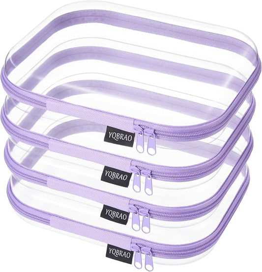 YQBRAO 4-Pack Clear Diaper Bag Organizer Pouches, 1.2mm Ultra-Thick PET Travel Pouches for Toiletries & Makeup, Rigid Self-Standing Bags with YKK Zippers, TSA Approved (Purple)