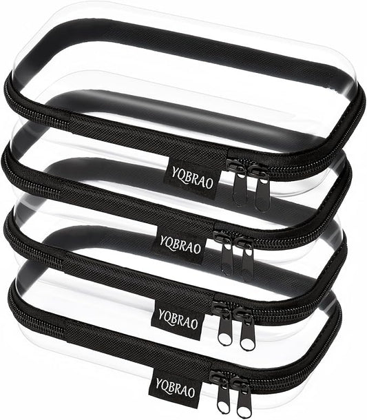 YQBRAO 4-Pack Clear Hard Shell Zipper Case, 1.2mm Ultra-Thick Diaper Bag Organizer Pouches, Rigid Self-Standing Travel Makeup Bags with YKK Zippers, TSA Approved, Black