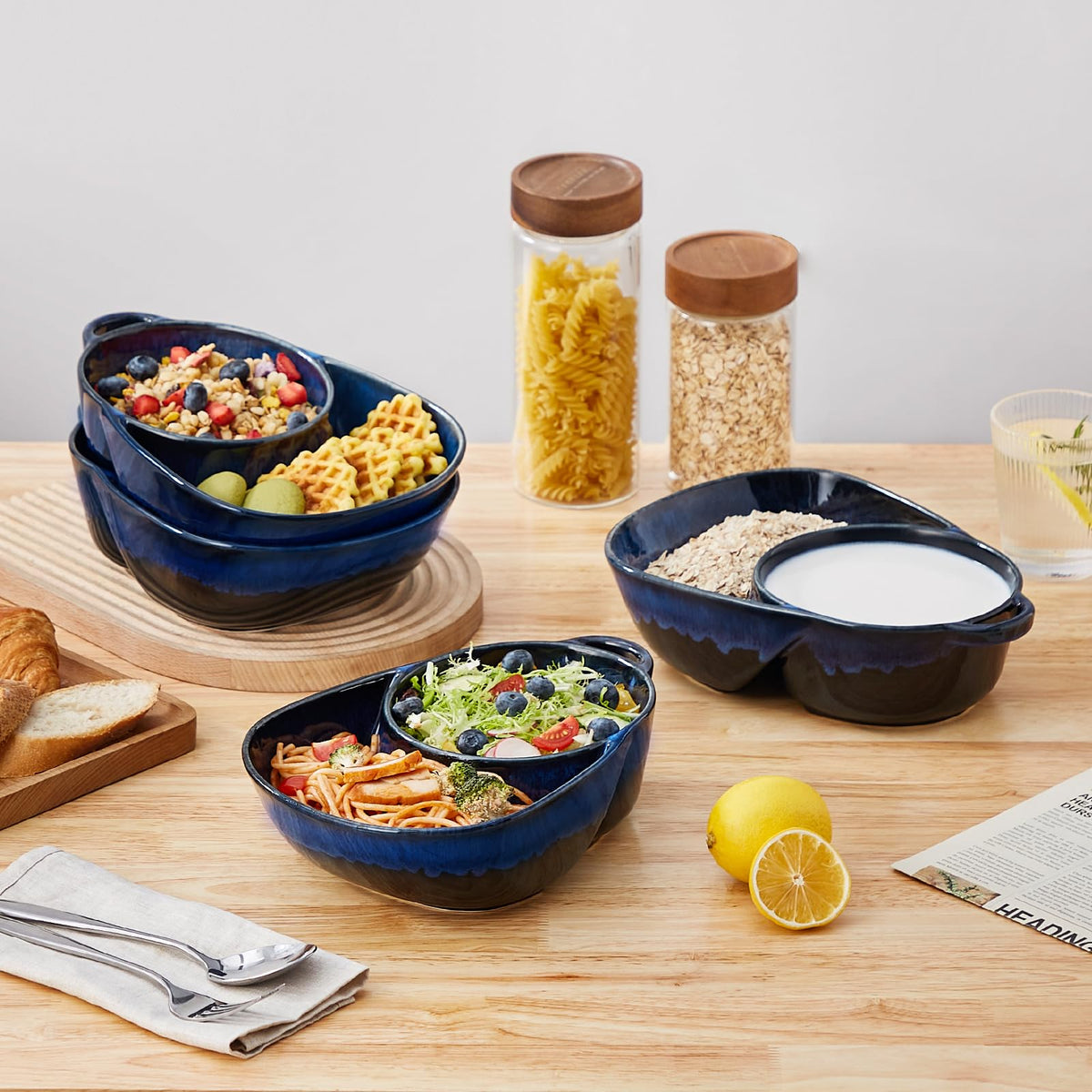 vancasso Starry Chip and Dip Bowl, Anti-Soggy Cereal Bowl, Soup and Sandwich Plate Combo, Breakfast Powls, Divided Snack Bowls Gifts for Wedding Housewarming Party, 2 Pack(Blue)
