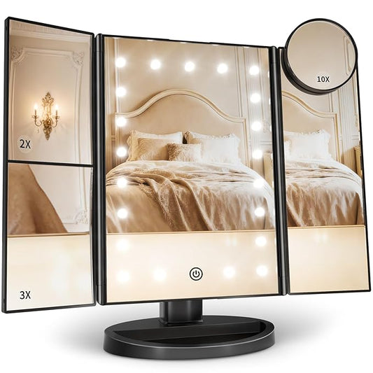 HUONUL Makeup Mirror, Vanity Mirror with Lights, 2X/3X/10X Magnification, Touch Control, Trifold, Dual Power Supply, Birthday Gifts for Women, Wife, Mom, Girls,Dorm Room Essentials