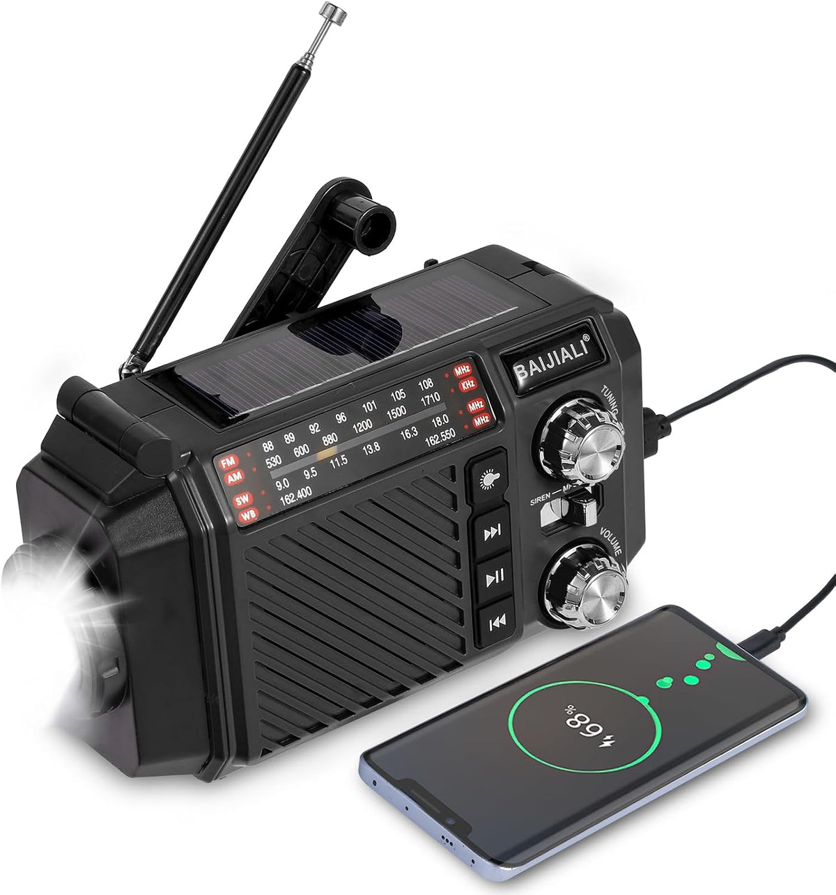 BAIJIALI 2600mAh/9620mWh Hand Crank Emergency Weather Radio with Power Bank, NOAA AM FM Shortwave Portable Radio, Solar