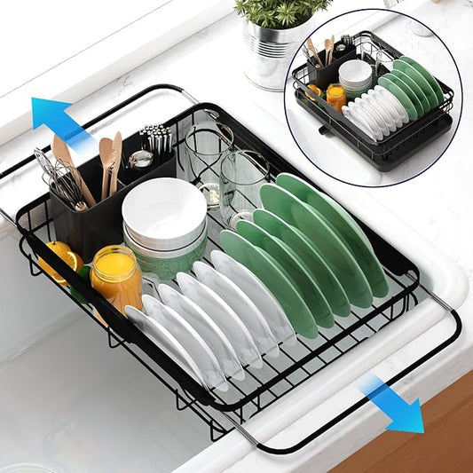 Kitsure Dish Drying Rack for Kitchen Counter, Stainless Steel Sink Organization and Storage Essentials with Cutlery Holder, Home and Appartment Decor, 12.2''W x 15.7''~23''L, Black