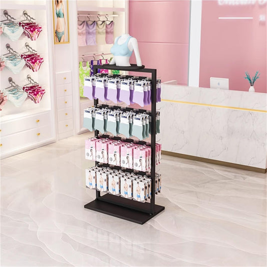 25.5 * 15.7 * 53in Sock Lingerie Bra Rack with Hook, Metal, Commercial Underwear Retail Display Stand, Freestanding Clothing Storage Shelf, for Farmers Markets, 4 Tier(Black)