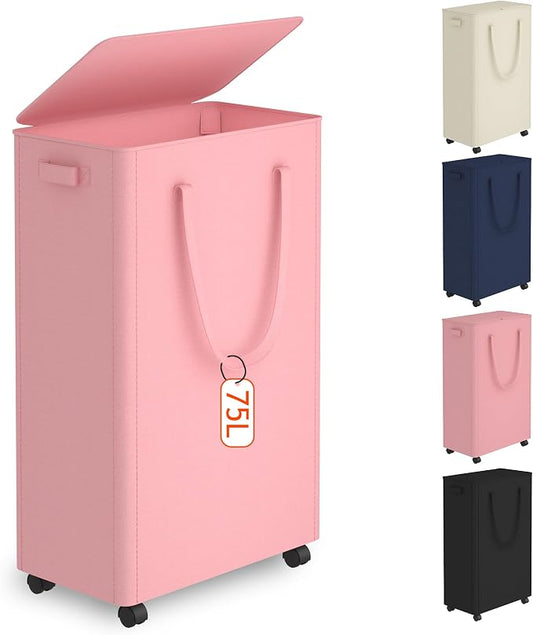 Slim Laundry Hamper with Wheels,20 Gal (75L) Rolling Laundry Basket with lid and wheels Clothes Hamper Foldable Tall Dirty Clothes Basket Sturdy Collapsible Clothes Hamper for Dorm,Laundry Room