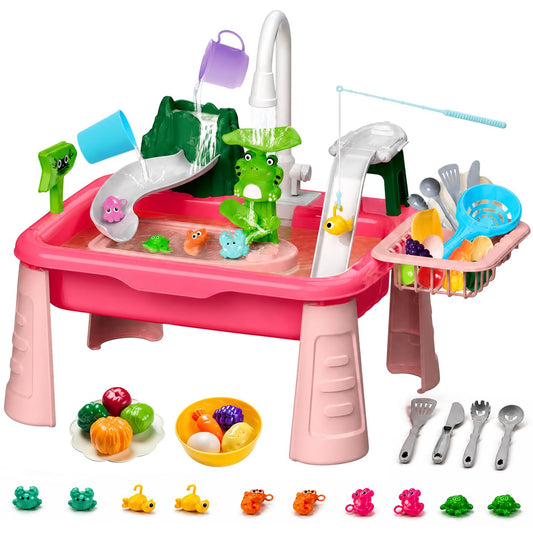 Hechify 2026 Upgraded Toddler Water Table, 4-in-1 Play Sink with Real Running Water & Pump, Kitchen Sink with Fishing Game, Outdoor Sensory Toys for Kids Toddler Baby Ages 1-3 4-8 (Red)