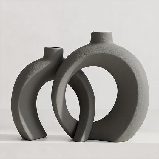 Set of 2 Gray Ceramic Vases for Home Decor Accents - Unique Hollow Donut Artistic Design Minimalism Industrial Scandinavian Style Decorative Vases for Shelf, Mantel, Entryway Table Decor (Matte Gray)