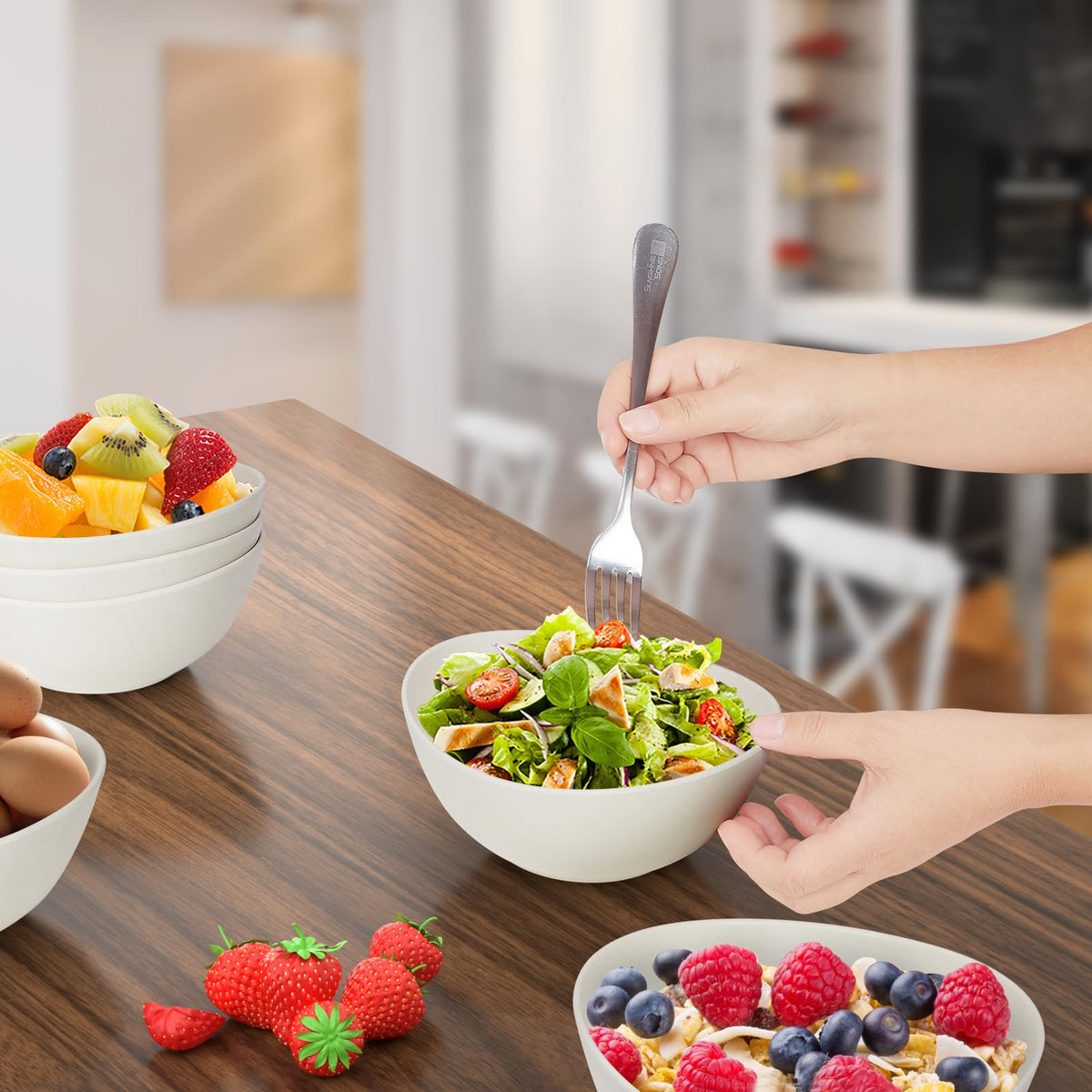 6.2'' Bamboo Fiber Cereal Bows Set of 6, Soup Bowls 24 Oz for Serving Salad, Snack, Side Dishes, Modern Oval Lightweight Bowls for Breakfast, Lunch and Dinner, Dishwasher and Freezer Safe(Matte White)