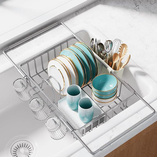 Sakugi Dish Drying Rack in Sink - Expandable Stainless Steel Dish Rack Over the Sink, Kitchen Sink Drain Strainer with Cutlery Holder & Cup Holders, 15.4 x 9.8 x 3.0 Inch, Silver