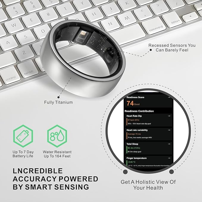Smart Ring, Activity Trackers, Sleep Ring, Fitness Tracking, Stress Tracker, Heart Rate, Meditation, Temperature, Respiratory, No App Subscription, Women, Men, iOS, Android (Silver, 7)