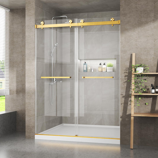 56"-60" W x 76" H Frameless Shower Door, 3/8" (10mm) ANSI Certified Tempered Glass, Double Sliding Bypass, Stainless Steel, Brushed Gold