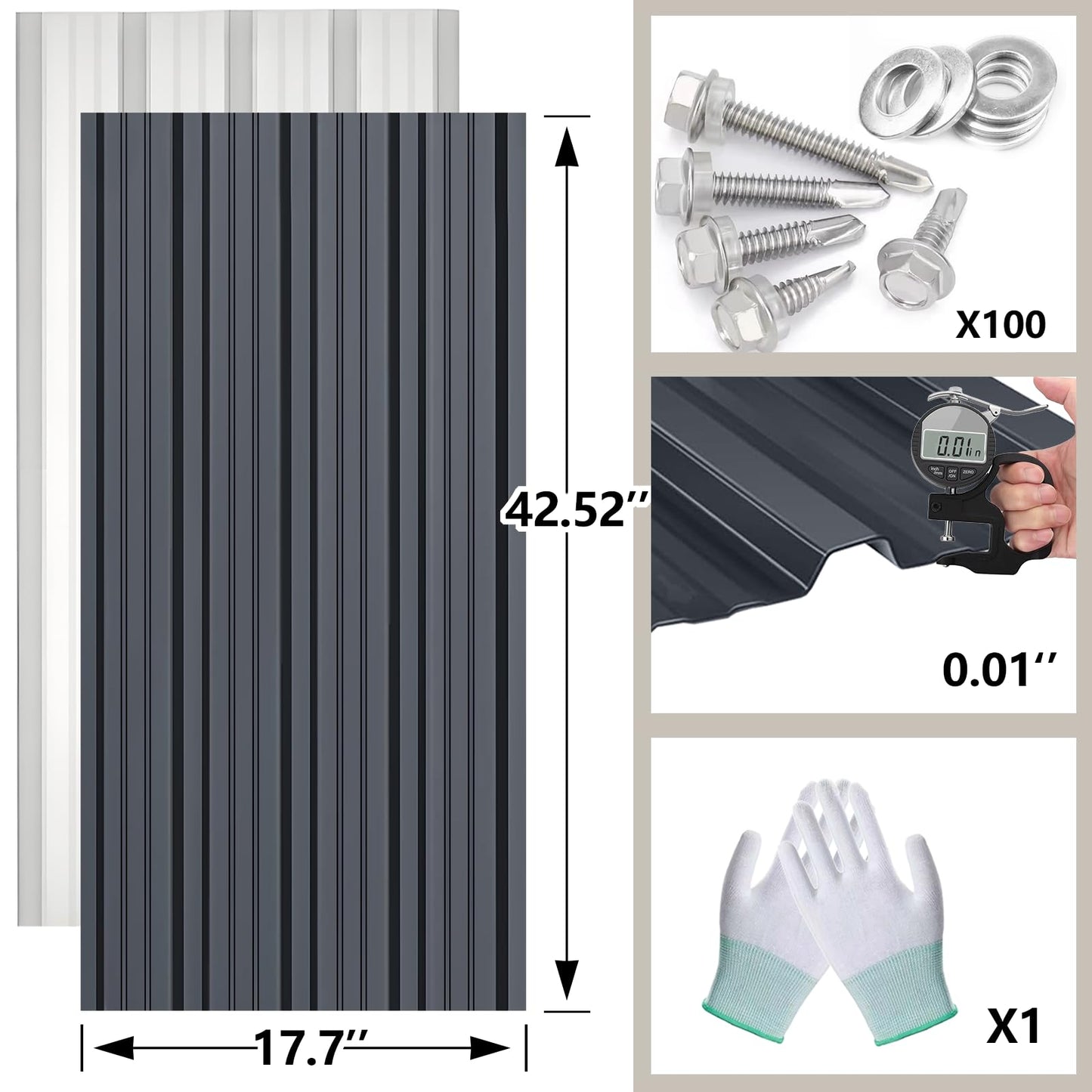 Metal Roofing Panels - 20 Pcs Waterproof Heavy Duty Metal Roof Panels Galvanized Steel Corrugated Tin Roof Panel for Carports Tool Sheds Patio Porch Pergola, Easy to Install Grey, 42.52x17.7in