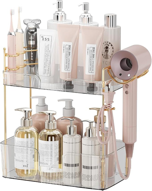 shuang qing 2 Tier Bathroom Counter Organizer with Hair Dryer Holder, Hair Tool Countertop Storage, Cosmetics Skincare Shelf Organizer, Makeup Organizer Perfume for Dresser Vanity Tray - White
