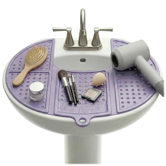 Sink Topper Bathroom Counter Cover & Storage Saver, Foldable Silicone Mat for Hot Tools, Hair Styling & Makeup, Beauty Brush Cleaning Mat, RV Camper Sink Cover & for Small Spaces (Standard Lavender)