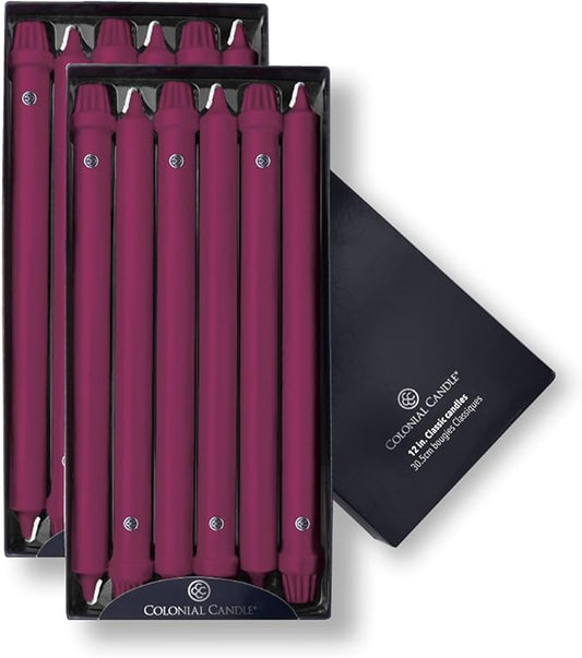 Colonial Candle Unscented Taper Candle, Classic Collection, Mulberry, 12 in, Pack of 12 - Up to 10 Hours Burn