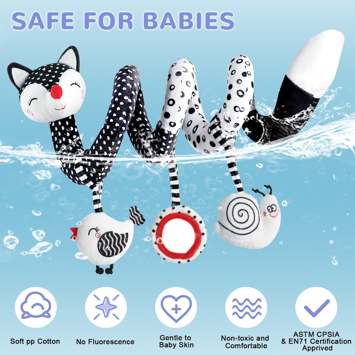 XIXILAND Baby Spiral Plush Toys, Black and White Baby Car Seat Toys, High Contrast Infant Newborn Toy 0-6 Months for Stroller Crib Mobile, Sensory Toy Best Gift for 0 3 6 9 12 Months Boys Girls