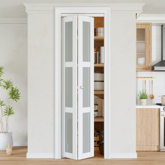Bifold Doors for 24" x 80" Opening, 3-Lite Frosetd Glass Bifold Closet Door with Hradware Kit & Handles, Interior Foliding Barn Panels for Closet/Pantry/Laundry PVC Surface Pre-Assembled, White