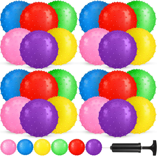 Vinsot 36 Pieces Knobby Balls 8 Inch Bouncy Spiky Sensory Ball Bulk Sensory Inflatable Toys with Air Pump Assorted Color Spiky Massage Stress Toys for Kindergarten Playground Backyard Pool Party