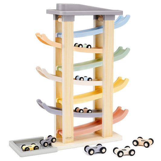 Joyreal Montessori Toddler Toys for 1 2 3 Year Old - 7 Level Wooden Car Ramp Racer Toys with 8 Mini Cars & 2 Garages - Christmas Birthday Gifts for 2 Year Old Boys and Girls