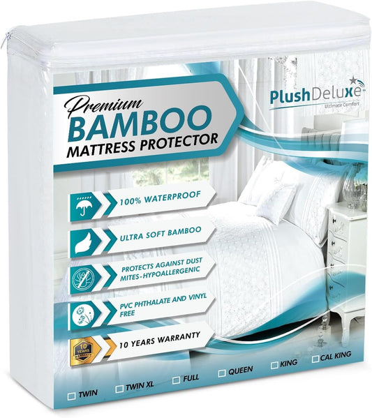 PlushDeluxe Bamboo Mattress Protector - King Size, Waterproof & Ultra Soft for Comfort - White