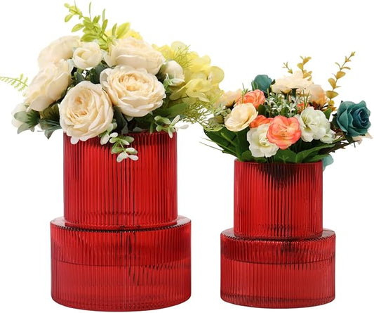 Ribbed Glass Vases for Bouquet, Set of 2 Red Vases for Flowers, Red Glass Vase for Tulips, Modern Vase for Living Room, Office, Coffe Table, Dining Table, Shelf, Wedding
