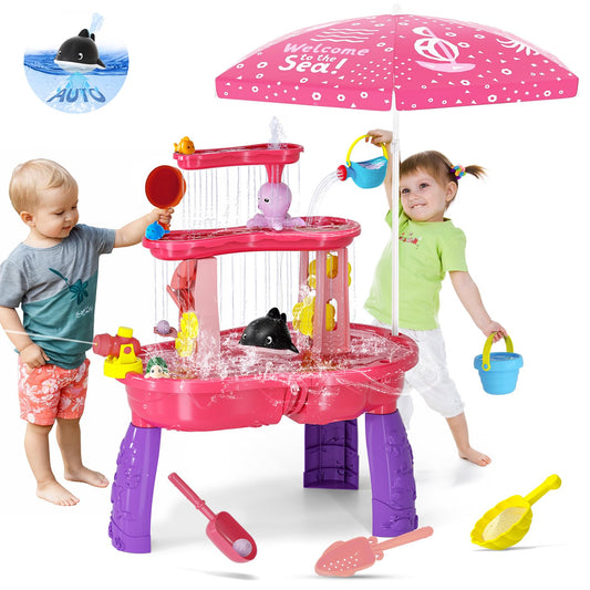 2026 Sand Water Table Toys for Toddlers 1-3 3-5 with Umbrella, 3-Tier Kids Outdoor Water Tables Toy, Auto Electric Pump Sensory Play Water Table for Girls 4-8, Beach Summer Water Toy, Pink&Purple